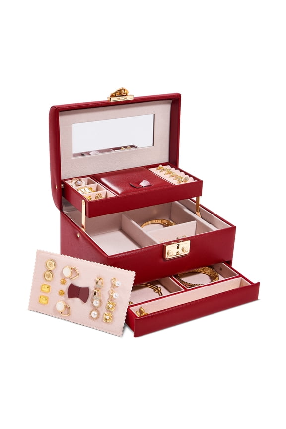 Heart Shaped Lock Jewelry Box With Sync Open/Close Drawer, Multi-Layer Storage Case, Built-in Mirror, Portable Jewelry Organizer for Women Rings, Earrings, Necklaces, Valentine’s Day Gift