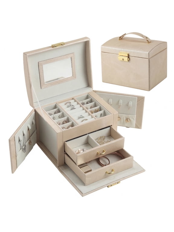Large Jewelry Box Organizer Girls PU Leather Drawer Boxes Earrings Ring Necklace Storage Case