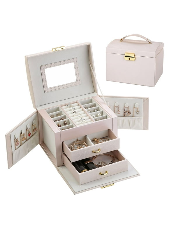 Large Jewelry Box Organizer Girls PU Leather Drawer Boxes Earrings Ring Necklace Storage Case