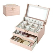 Casegrace Large Jewelry Storage Box Three layer Drawers Jewelry Organizer for Women Earrings Ring Makeup Storage Organizer Case