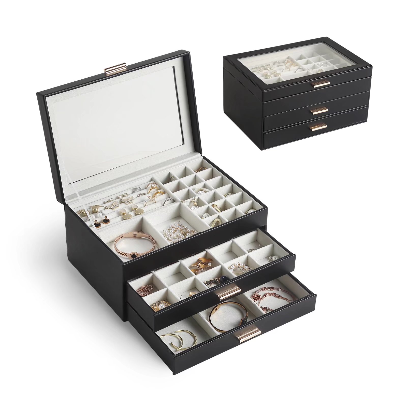 Emma Wooden Jewelry Organizer Chest - 4 Drawer Storage With Mirror, Necklace Hooks & Compartments