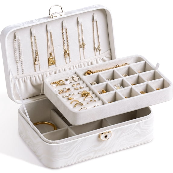 Casegrace Marble - Pattern PU Leather Jewelry Box, 2-Layer Storage with Removable Jewelry Tray,Organizer for Women Necklaces, Earrings, Rings, Home Countertop Decorative Storage Gift Case