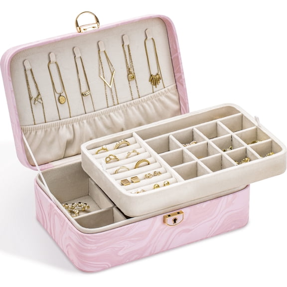 Casegrace Marble - Pattern PU Leather Jewelry Box, 2-Layer Storage with Removable Jewelry Tray,Organizer for Women Necklaces, Earrings, Rings, Home Countertop Decorative Storage Gift Case