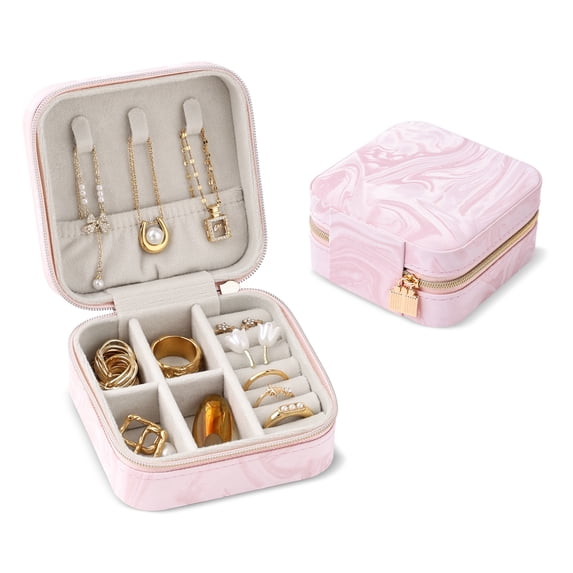 Casegrace Marble - Patterned Mini Travel Jewelry Box for Women Girl, PU Leather Gift Display Jewellery Storage Case, Organizer for Earrings, Rings, Necklaces