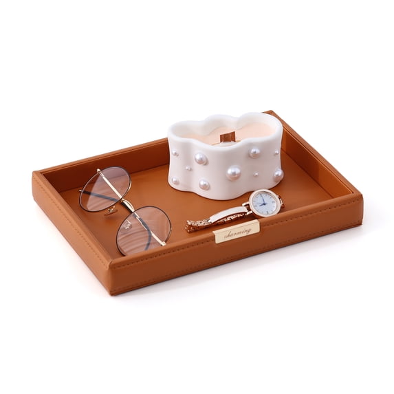 Casegrace PU Leather-wrapped Jewelry Tray Desktop Storage Organizer, Bedside Nightstand Home Decor Holder Tray for Sunglasses, Remote Controller, Keys, Phone, Wallet, Coin, Earrings, Necklaces