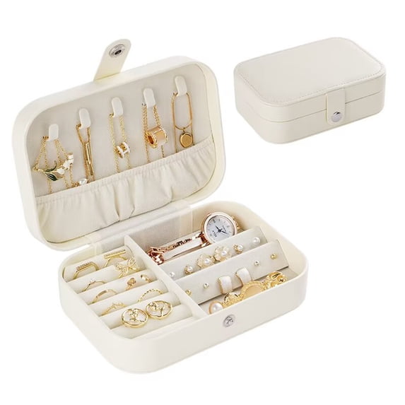 Casegrace Portable Jewelry Box With Snap Button Double-layered Organizer for Women Girls Elegant Leather Travel Display Case for Earrings Rings Necklaces