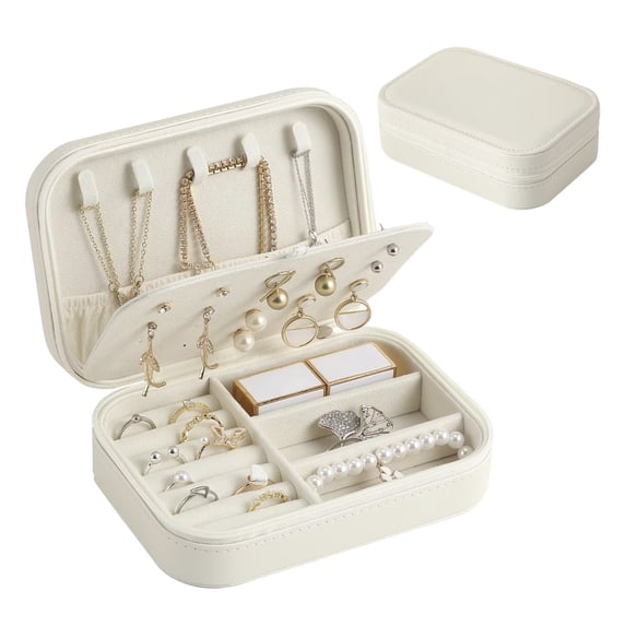 Casegrace Portable Jewelry Box With Zipper Lock Double-layered Organizer for Women Girls Elegant Leather Travel Display Case for Earrings Rings Necklaces