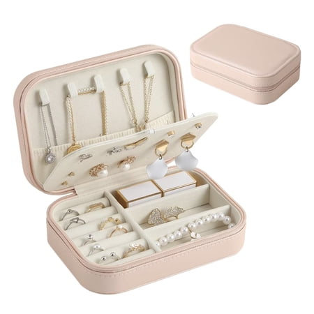Casegrace Portable Jewelry Box With Zipper Lock Double-layered Organizer for Women Girls Elegant Leather Travel Display Case for Earrings Rings Necklaces