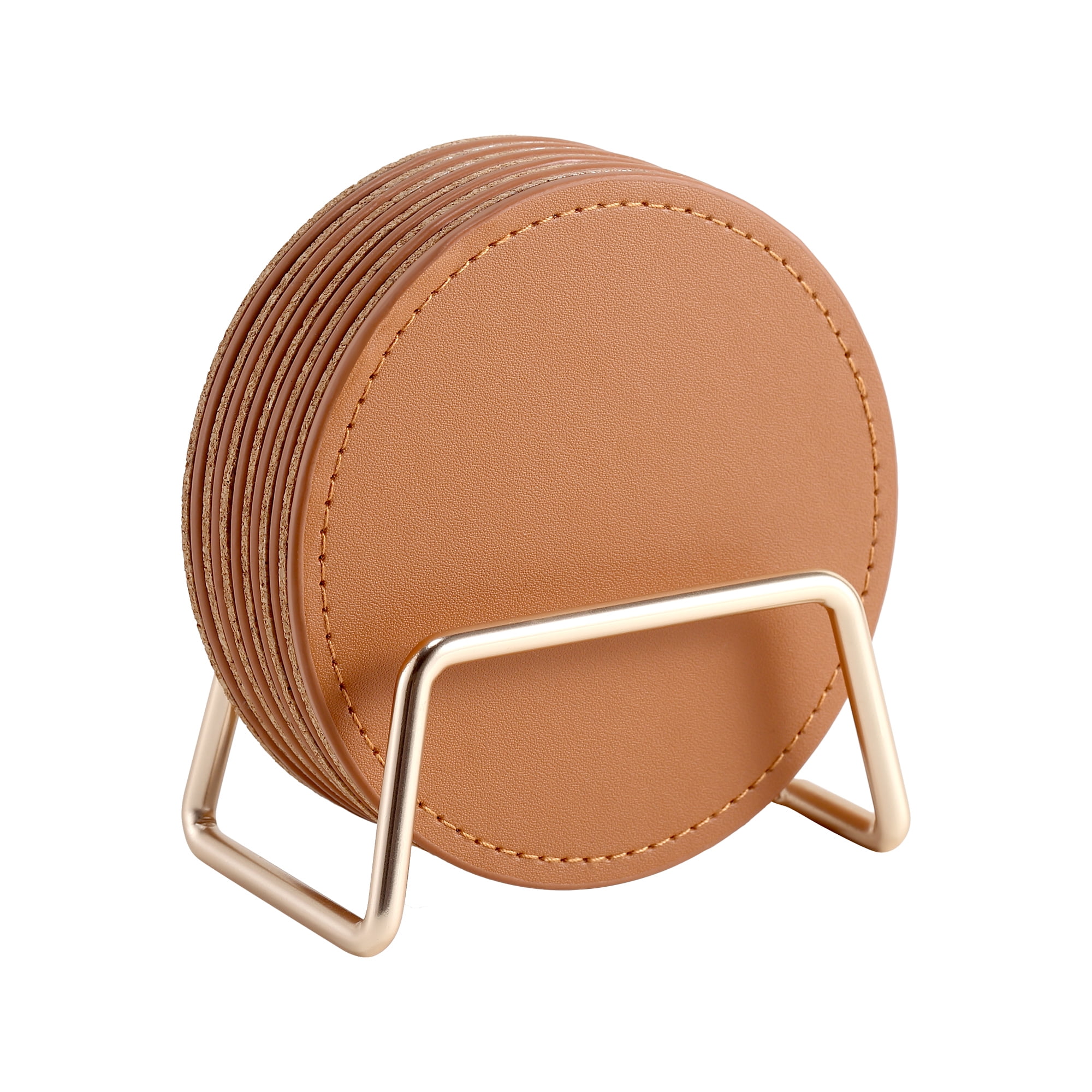 Casegrace Set of 6 Leather Coasters With Metal Holder Home Decorative Waterproof Cup Mat Kitchen Desktop Drink Coaster Set with Cork Base Brown