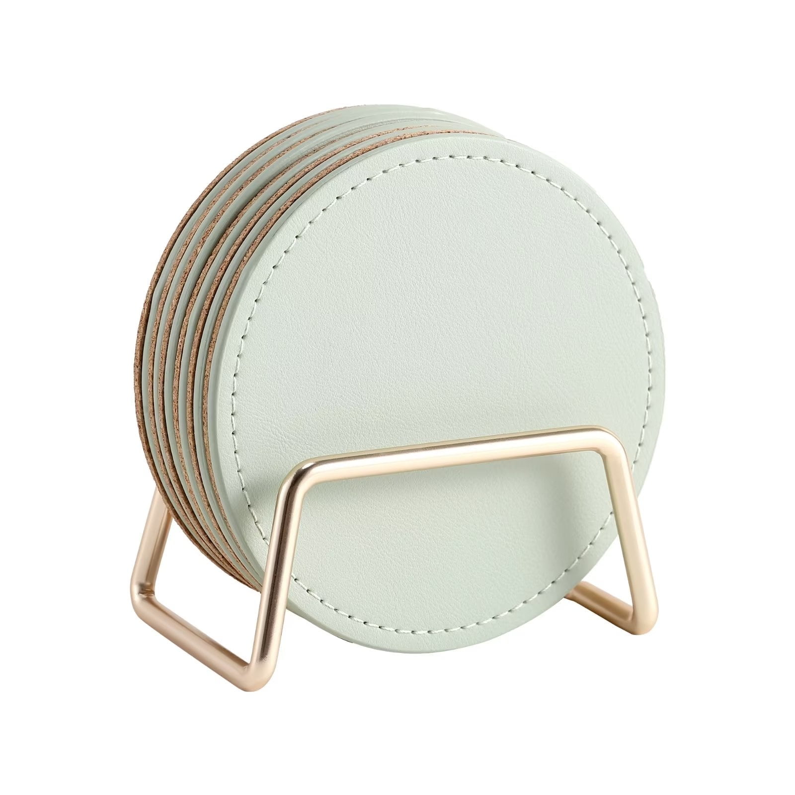 Casegrace Set of 6 Leather Coasters With Metal Holder Home Decorative Waterproof Cup Mat Kitchen Desktop Drink Coaster Set with Cork Base Green