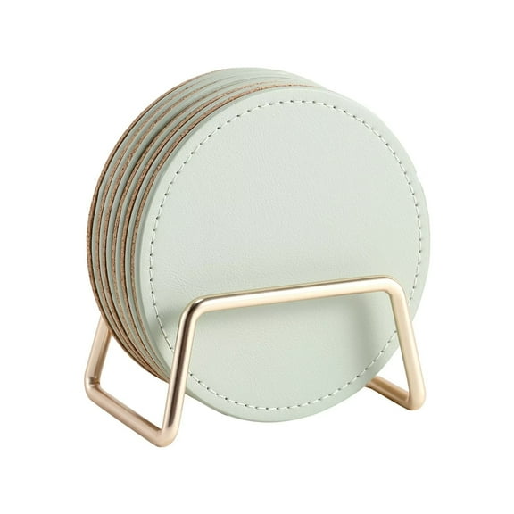 Casegrace Set of 6 Leather Coasters With Metal Holder Home Decorative Waterproof Cup Mat Kitchen Desktop Drink Coaster Set with Cork Base Green