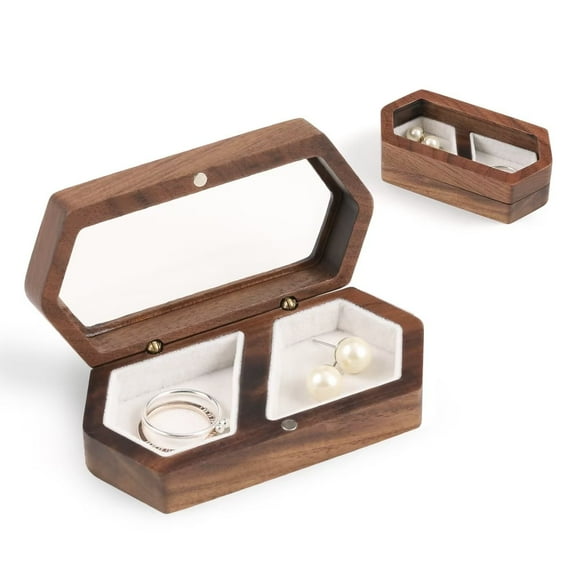 Casegrace Transparent Lid Wooden Jewelry Box Wedding Rings Jewelry Display Case Dual Compartments Storage Organizer Velvet Lining Jewellery Box
