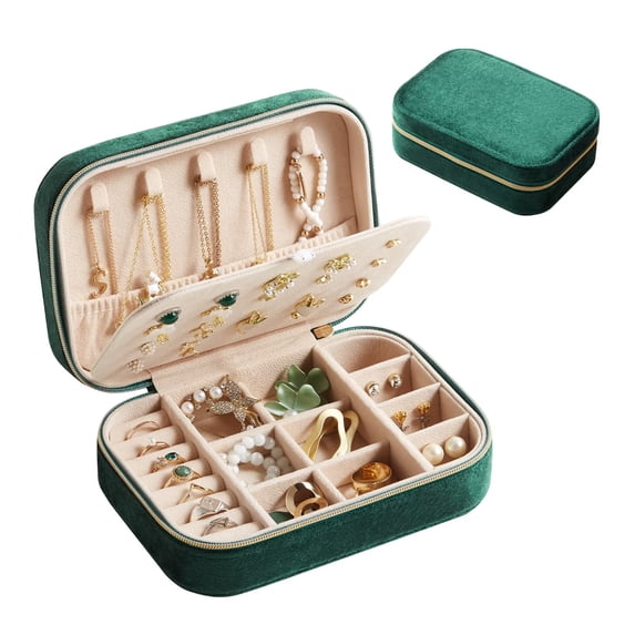 Casegrace Vintage Style Velvet Jewelry Box With Zipper Lock Elegant Double Layer Storage for Earrings Rings Necklaces Travel Jewellery Gift Case for Women Girls