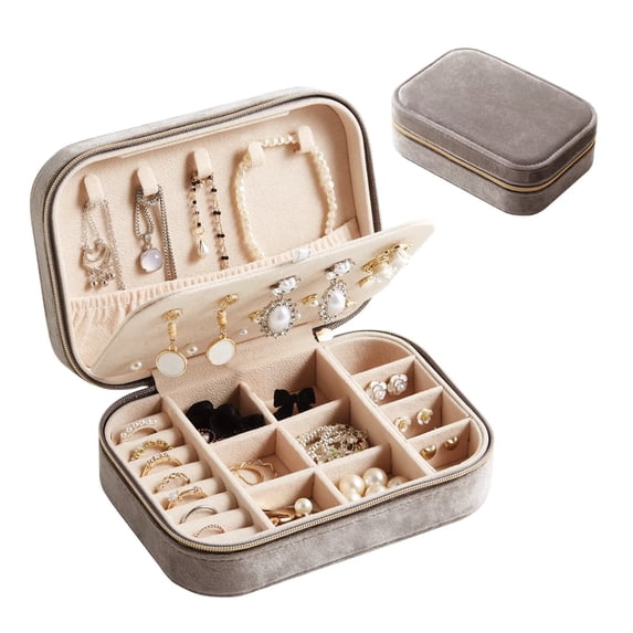 Casegrace Vintage Style Velvet Jewelry Box With Zipper Lock Elegant Double Layer Storage for Earrings Rings Necklaces Travel Jewellery Gift Case for Women Girls