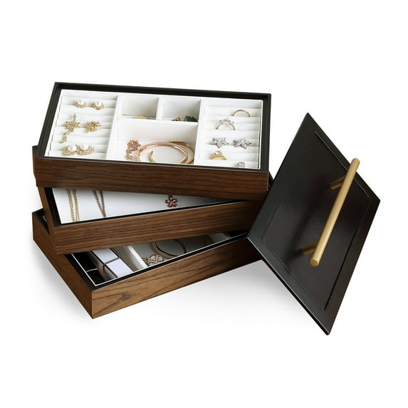 Casegrace Wooden Jewelry Box 3-Layers Large Drawer Organizer Storage Tray for Women Men Earrings Ring Holder Jewellery Case
