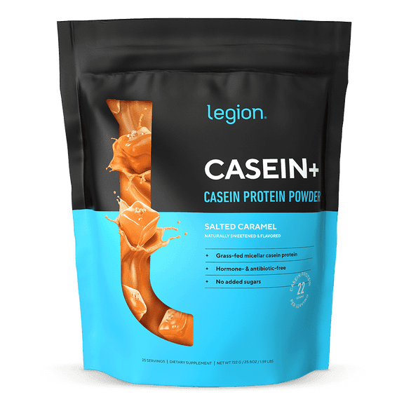 Legion Athletics Casein+ Micellar Casein Protein Powder, Salted Caramel, 22g Protein, 4.2g BCAAs, 25 Servings