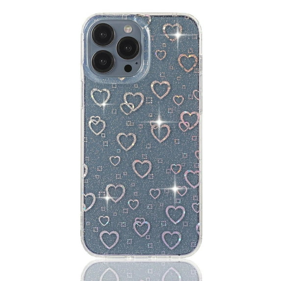 Caselix Clear Glitter Compatible Apple iPhone 13 Pro Max Case Slim Cute Crystal Hearts Bling Women Girls Hard Back Protective Cover Compatible Apple iPhone 13 Pro Max Case Hearts Holographic