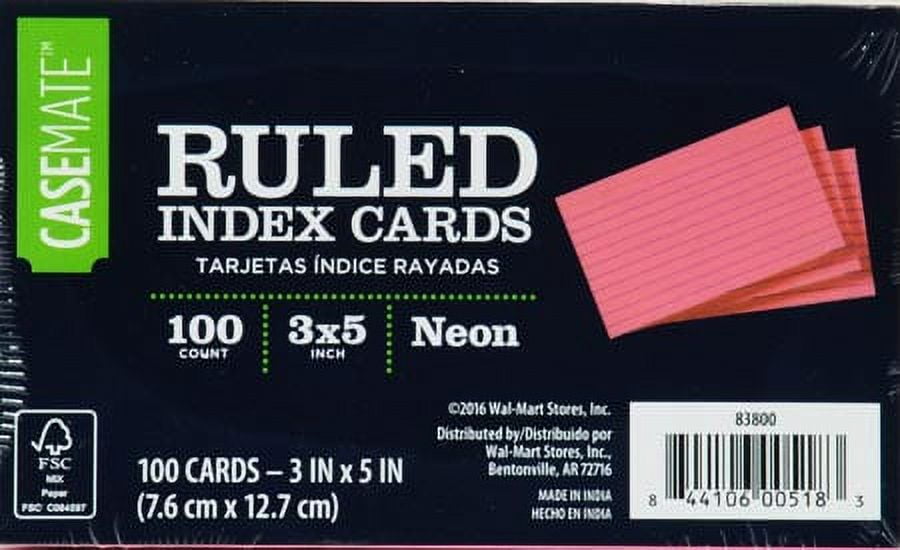 Casemate 3x5 Neon Pink Index Cards- 100 Count