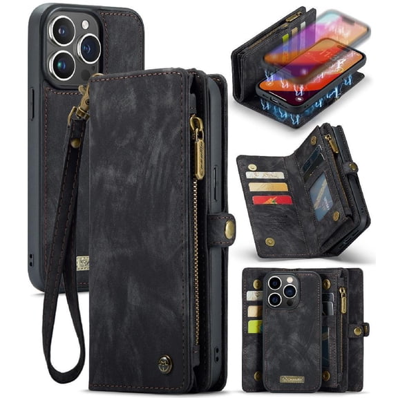 Case for iPhone 15 Pro Max TPU PC Handmade Leather Zipper Detachable Card Holder Strong Magnetic Wallet Cover Trifold with