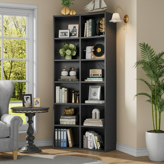 Casendy 12-Cube Curved Bookcase, 71" Double Width Bookshelf Dispaly Cabinet, Freestanding Corner Bookcase for Living Room, Home Office, Black