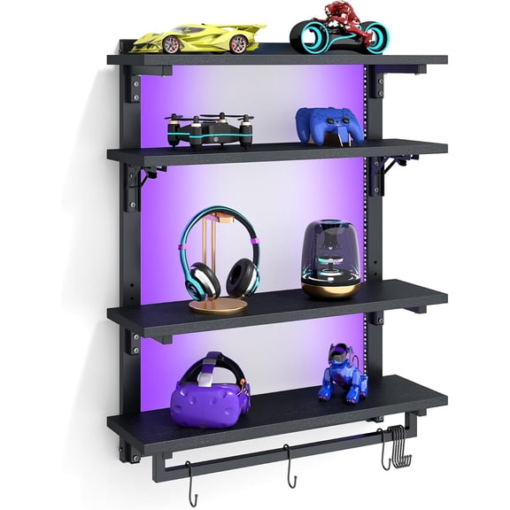 Casendy 24" Foldable Gaming Floating Shelves with LED Lights, Wall Mounted Shelf with Hanging Rod and 8 S-Hooks for Gaming Room, Black