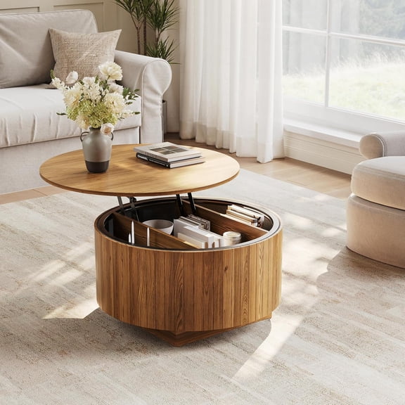Casendy 31.5" Round Lift Top Coffee Table with LED Lights, Mid Century Modern Wooden Circle Center Table for Living Rooms,Dining Room