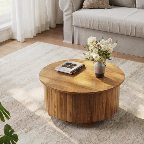 Casendy 31.5" Round Lift Top Coffee Table with LED Lights, Mid Century Modern Wooden Circle Center Table for Living Rooms,Dining Room