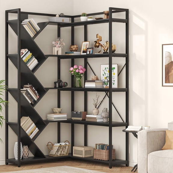 Casendy 5-Tire L-Shape Bookcase, Large Corner Bookshelf with Y-Shape Bookcase, Modern Metal Frame Display Shelf for Home Office, Living Room, Black