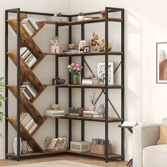 Casendy 5-Tire L-Shape Bookcase, Large Corner Bookshelf with Y-Shape Bookcase, Modern Metal Frame Display Shelf for Home Office, Living Room, White