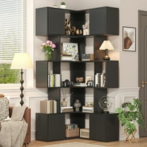 Corner Bookcase with 4 Storage Cabinets, Casendy 5 Tier Corner Bookshelf with Doors, 71" Tall Display Cabinet for Home Office, Living Room Furniture, Black