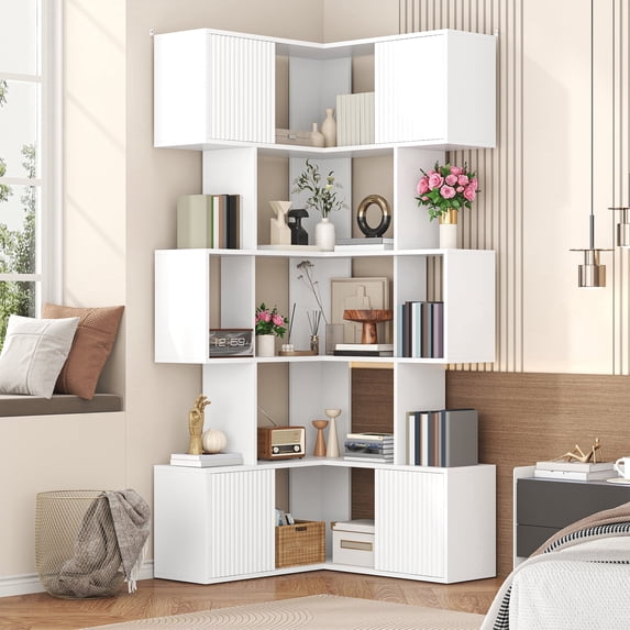 Corner Bookcase with 4 Storage Cabinets, Casendy 5 Tier Corner Bookshelf with 12 Cube, 71" Tall Display Cabinet for Home Office, Living Room Furniture, White