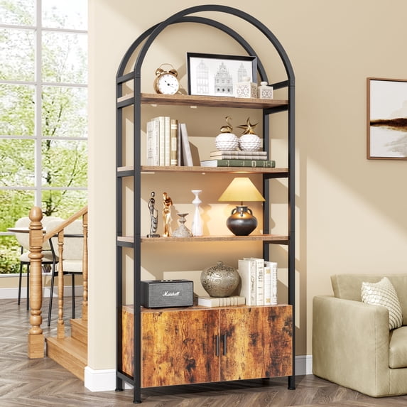 Casendy 71" Tall Arched Bookshelf, 3 Tier Bookcase with Storage Cabinet, Metal Frame Book Shelf Display Storage Shelves for Living Room, Home Office, Brown