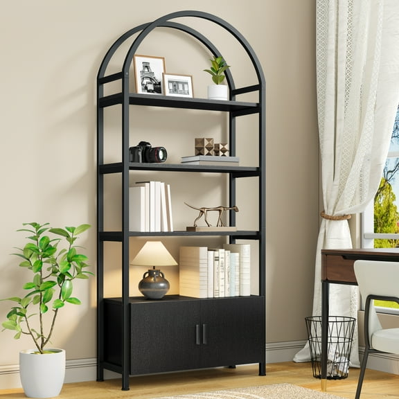 Casendy 71" Tall Arched Bookshelf, 3 Tier Bookcase with Storage Cabinet, Metal Frame Book Shelf Display Storage Shelves for Living Room, Home Office, Black