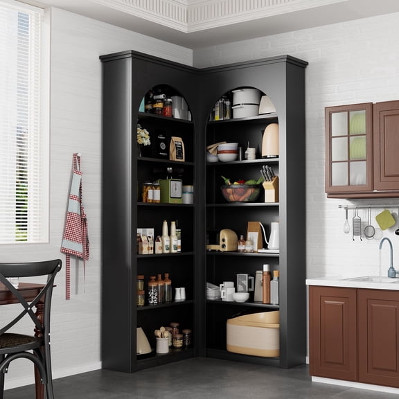 Casendy 71" Tall Corner Bookcase with Backboard, 6-Tier L-Shaped Corner Bookshelf with Curved Baffle, Industrial Display Rack for Living Room, Home Office,Black