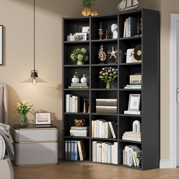 Casendy 71" Triple Width Corner Bookcase, Curved 18-Cube Bookshelf Corner Bookshelves, Curve Shape Display Storage Shelf for Living Room, Home Office, Black