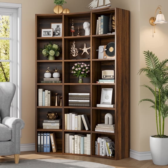 Casendy 71" Triple Width Corner Bookcase, Curved 18-Cube Bookshelf Corner Bookshelves, Curve Shape Display Storage Shelf for Living Room, Home Office, Brown