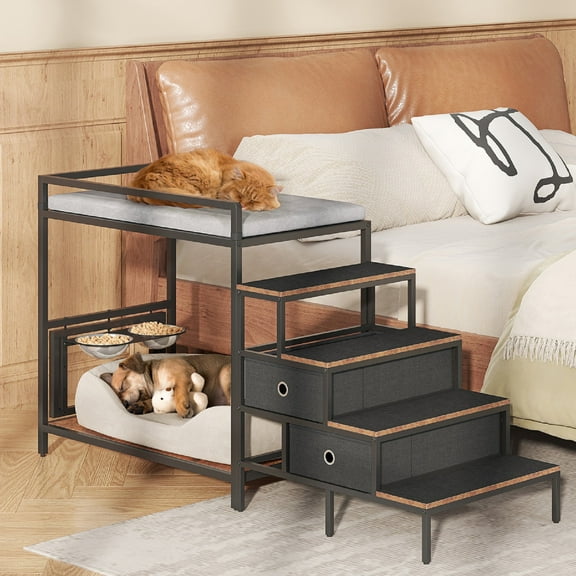 Casendy Dog Bunk Bed with Stairs & 2 Steel Bowls, Uphostered Dog Bed Cat Windows Perch, Metal Frame Elevated Dog Bed with 2 Storage Drawers, Swivel Steel Round Bowls, Black