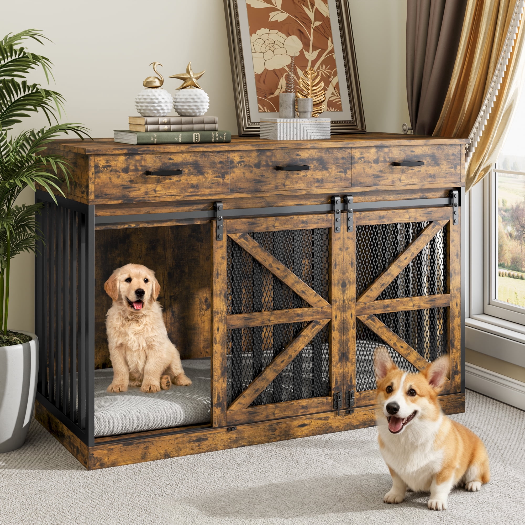 Casendy Dog Crate Furniture with Adjustable Divider for 2 Dogs, Heavy Duty Dog Kennels with 3 Drawers and Sliding Doors, Media Console Dog Cage for Living Room, Brown