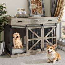 Casendy Dog Crate Furniture with Adjustable Divider for 2 Dogs, Heavy Duty Dog Kennels with 3 Drawers and Sliding Doors, Media Console Dog Cage for Living Room, Gray