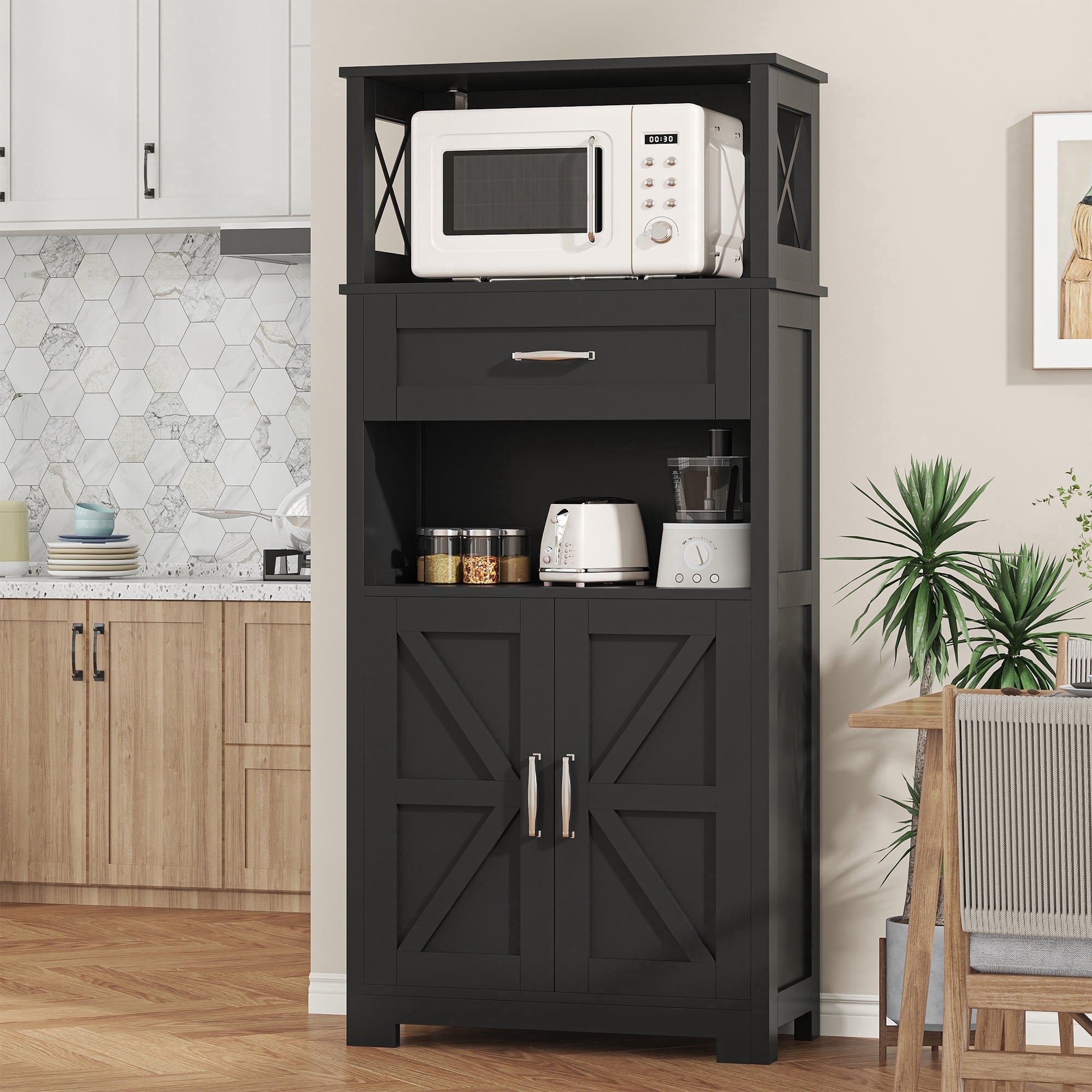 Casendy Kitchen Cabinet with Doors, Farmhouse Pantry Cabinet with Storage Shelf and Drawer, Wooden Kitchen Cupboard Cabinets for Dining Room, Living Room, Black