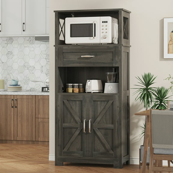 Casendy Kitchen Cabinet with Doors, Farmhouse Pantry Cabinet with Storage Shelf and Drawer, Wooden Kitchen Cupboard Cabinets for Dining Room, Living Room, Gray