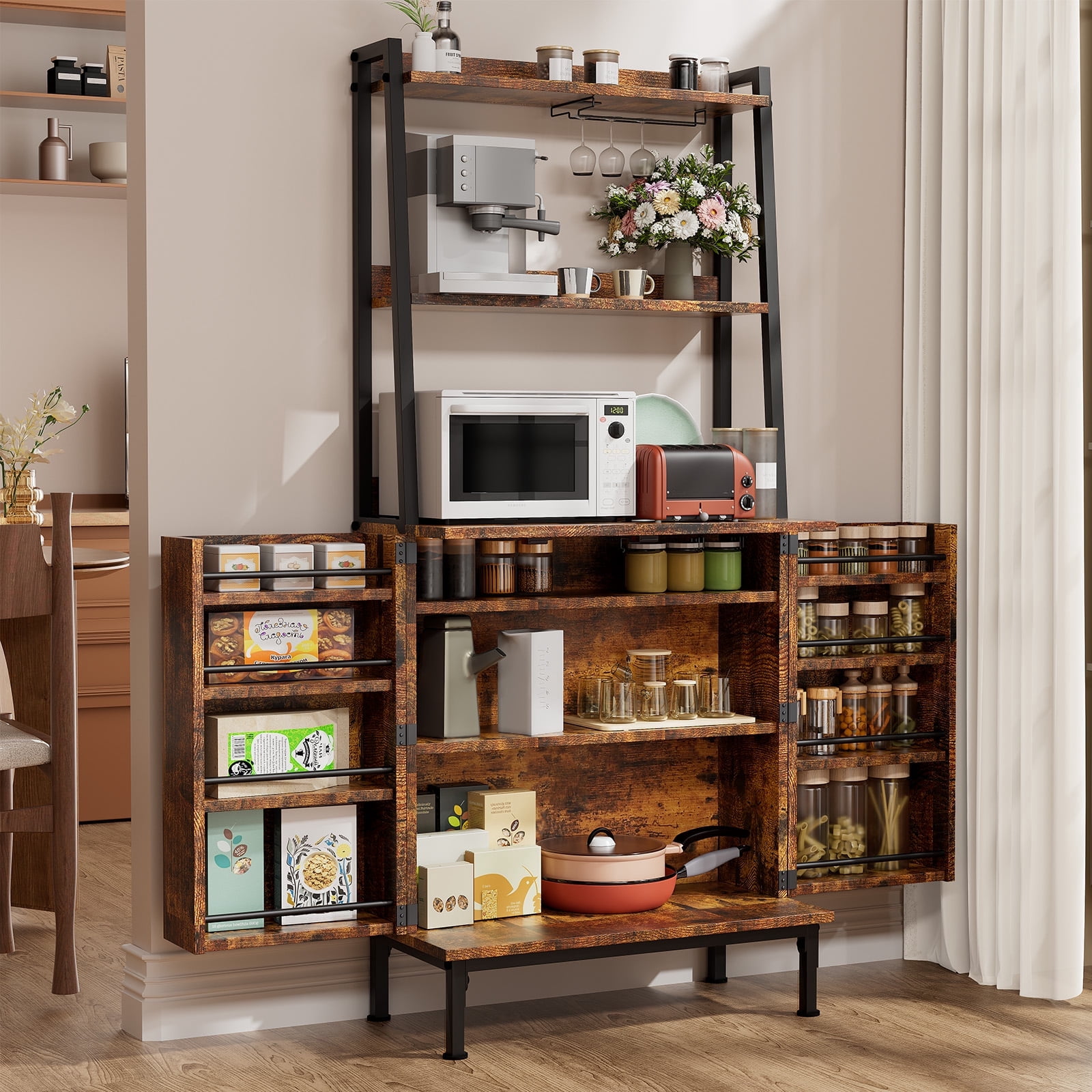 Casendy Kitchen Pantry with Microwave Stand and Storage Shelves, Farmhouse Kitchen Cupboard with Adjustable Shelves, Kitchen Buffet Cabinet with Door for Dining Room, Brown