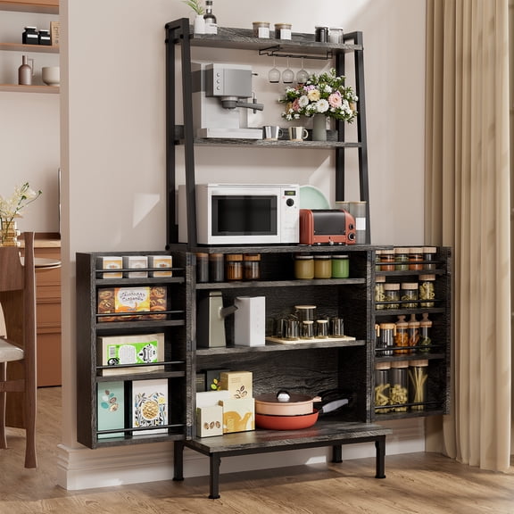 Casendy Kitchen Pantry with Microwave Stand and Storage Shelves, Farmhouse Kitchen Cupboard with Adjustable Shelves, Kitchen Buffet Cabinet with Door for Dining Room, Gray