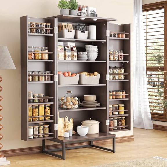 Casendy Kitchen Pantry Storage Cabinet with Adjustable Shelves, 51-inch Kitchen Cabinet with 12 Door Shelves, Modern Kitchen Storage Cabinet for Dining Room, Bathroom, Bedroom, Brown