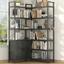 Casendy 71" Corner Bookshelf, 6 Tier Bookcase with Storage Cabinet & Rocks, Adjustable Shape Book Case Display Storage Shelf for Living Room, Black