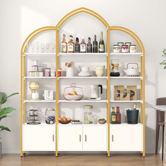 Casendy Large Arched Bookshelf, 3 Tier Bookcase with Storage Cabinet, Metal Frame Book Shelf Display Storage Shelves for Living Room, Home Office, White