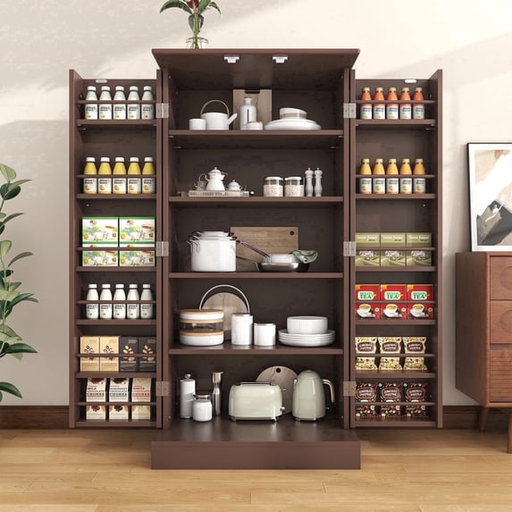 Casendy Pantry Cabinet with 2 Doors and 16 Shelves, Modern Kitchen Storage Cabinet with Adjustable Shelves, Kitchen Storage Cupboard for Dining Room, Living Room, Brown