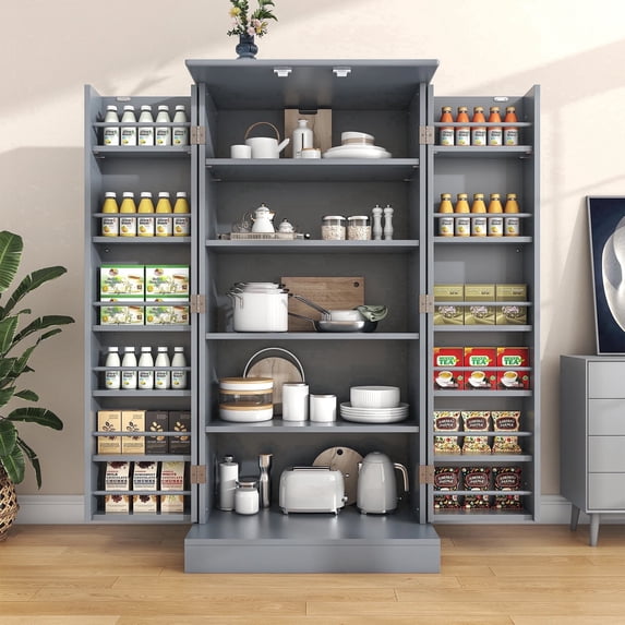 Casendy Pantry Cabinet with 2 Doors and 16 Shelves, Modern Kitchen Storage Cabinet with Adjustable Shelves, Kitchen Storage Cupboard for Dining Room, Living Room, Gray