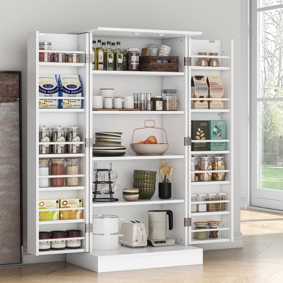 Casendy Pantry Cabinet with 2 Doors and 16 Shelves, Modern Kitchen Storage Cabinet with Adjustable Shelves, Kitchen Storage Cupboard for Dining Room, Living Room, White