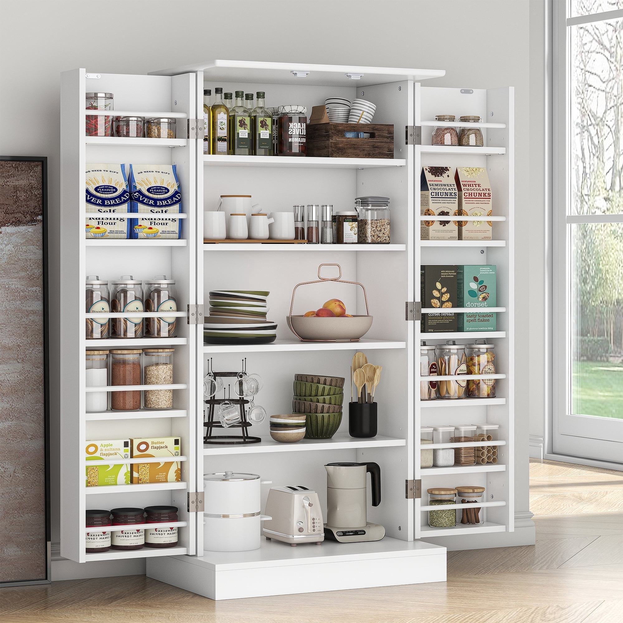 Casendy Pantry Cabinet with 2 Doors and 16 Shelves, Modern Kitchen Storage Cabinet with Adjustable Shelves, Kitchen Storage Cupboard for Dining Room, Living Room, White
